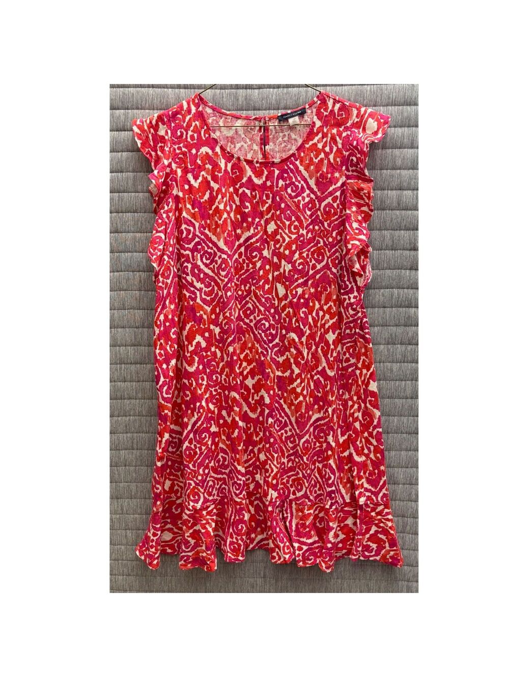 Tommy Hilfiger Size 14 Red Pink White Patterned Dress Flutter Sleeve Linen Blend